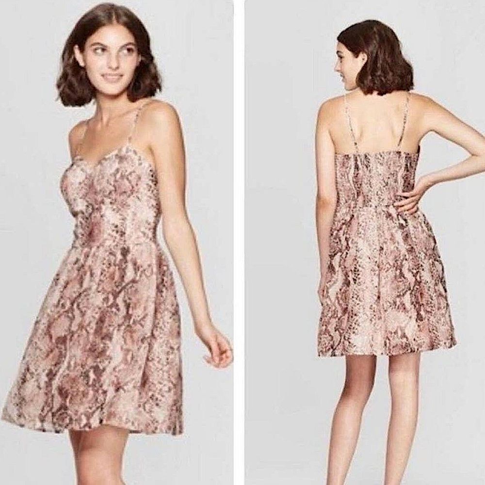 Xhilaration Snake Skin Print gold spaghetti strap padded corset smocked Dress M